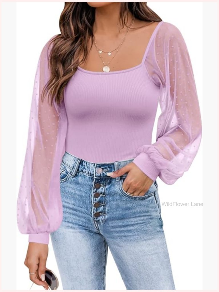 Mesh Long Sleeve Blouse Square Neck Slim Fit Party Top